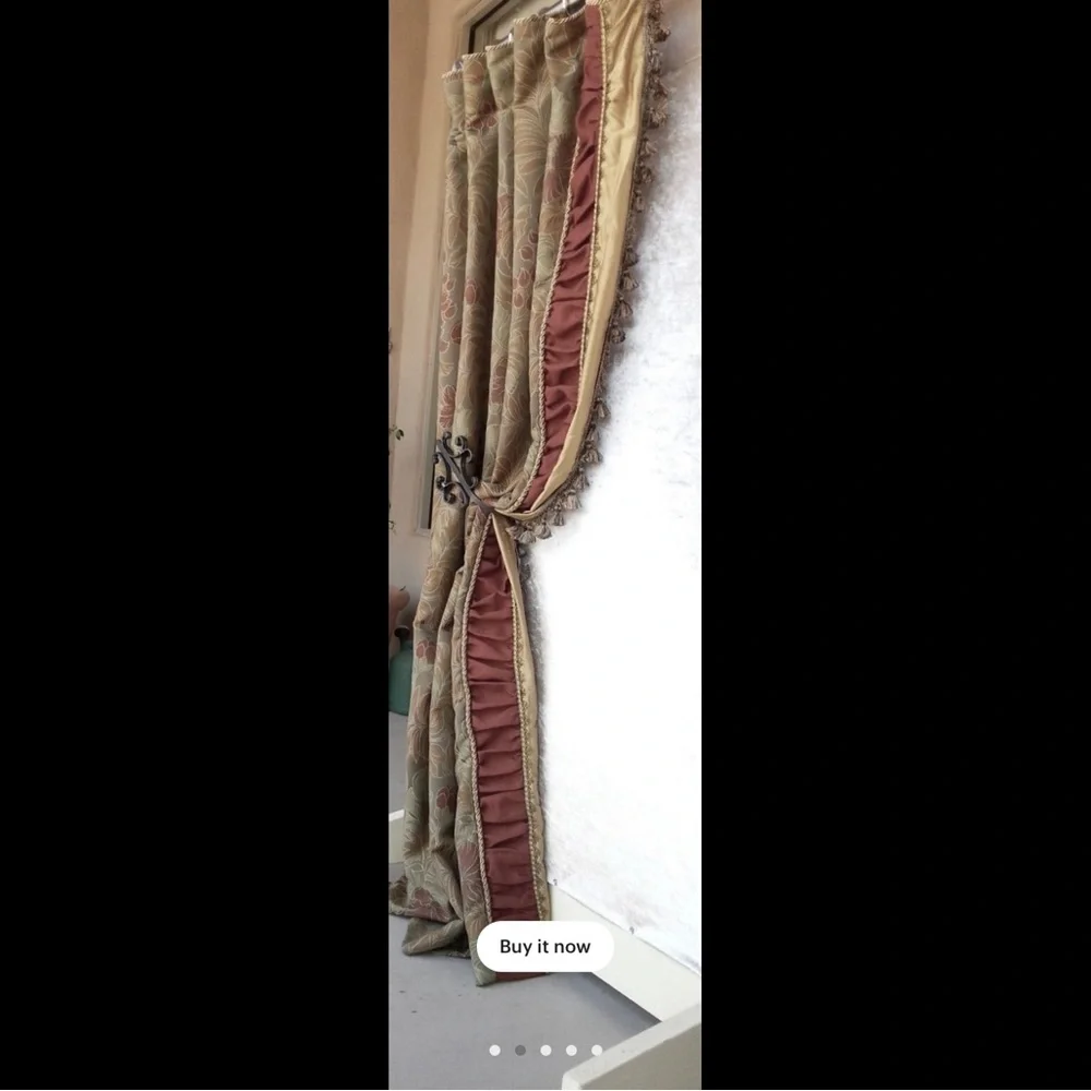 Curtain panel with red and gold silk fabric at edge with trims. Custom made. New